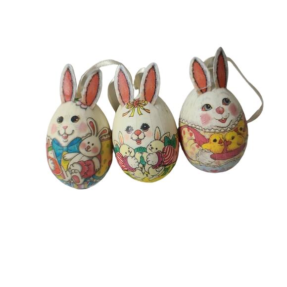 Vintage Paper Mache Bunny Shaped Easter Eggs Lot of 3 with Ties Decor Holiday - Picture 1 of 14